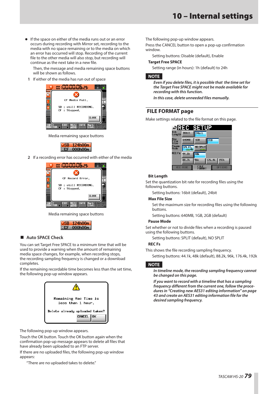 10 – internal settings, File format page | Teac HS-20 User Manual | Page 79 / 128