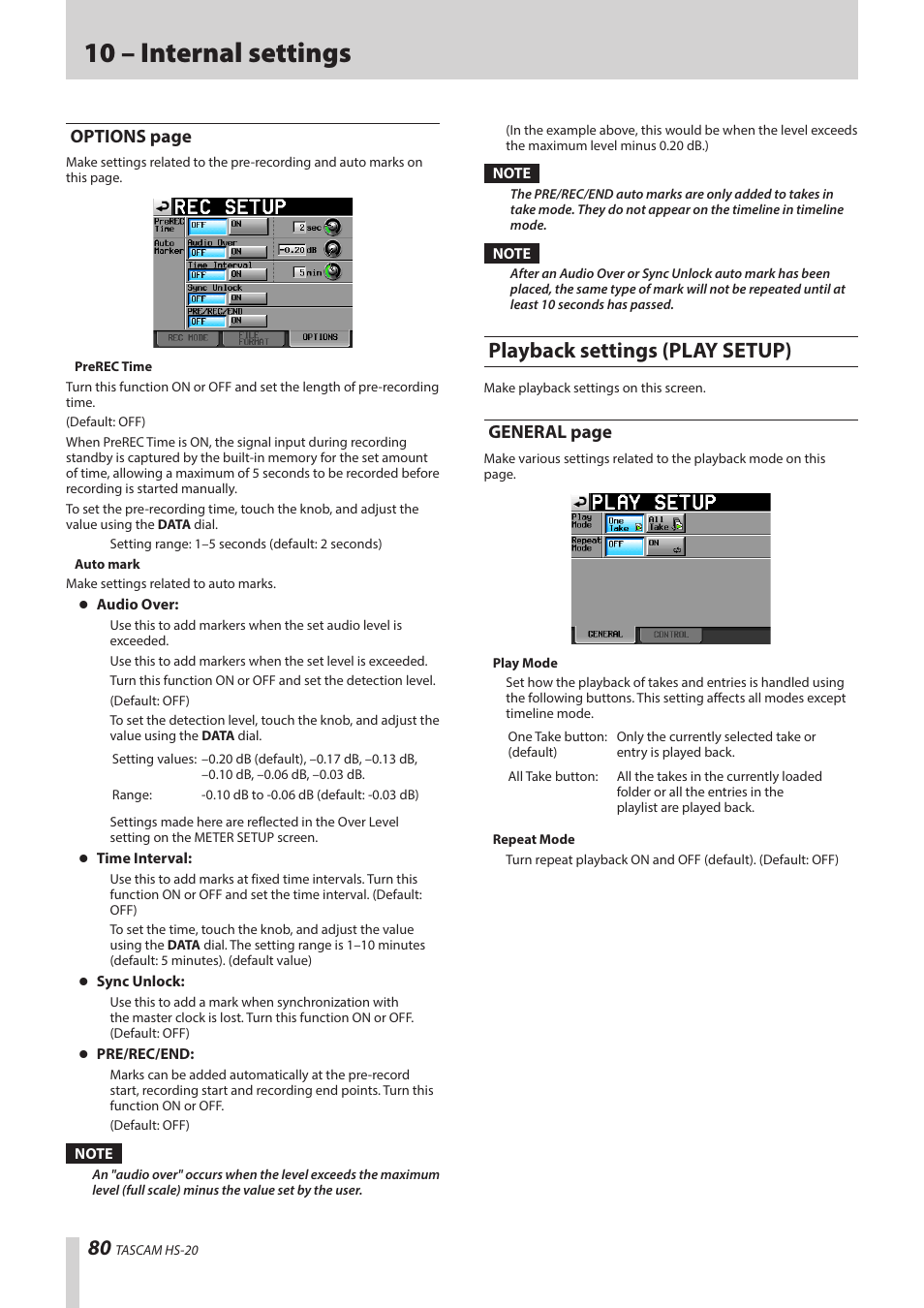 Playback settings (play setup), 10 – internal settings, Options page | General page | Teac HS-20 User Manual | Page 80 / 128