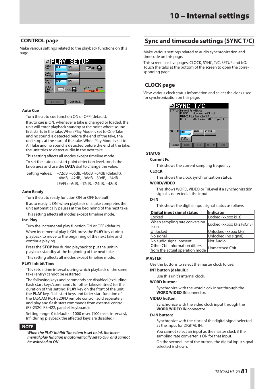 Sync and timecode settings (sync t/c), Ee “sync and, 10 – internal settings | Control page, Clock page | Teac HS-20 User Manual | Page 81 / 128