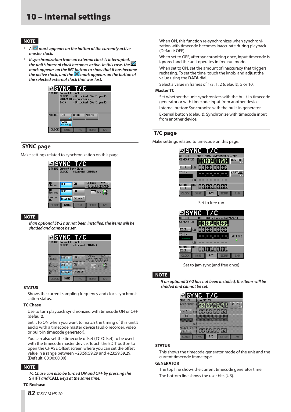 10 – internal settings, Sync page, T/c page | Teac HS-20 User Manual | Page 82 / 128