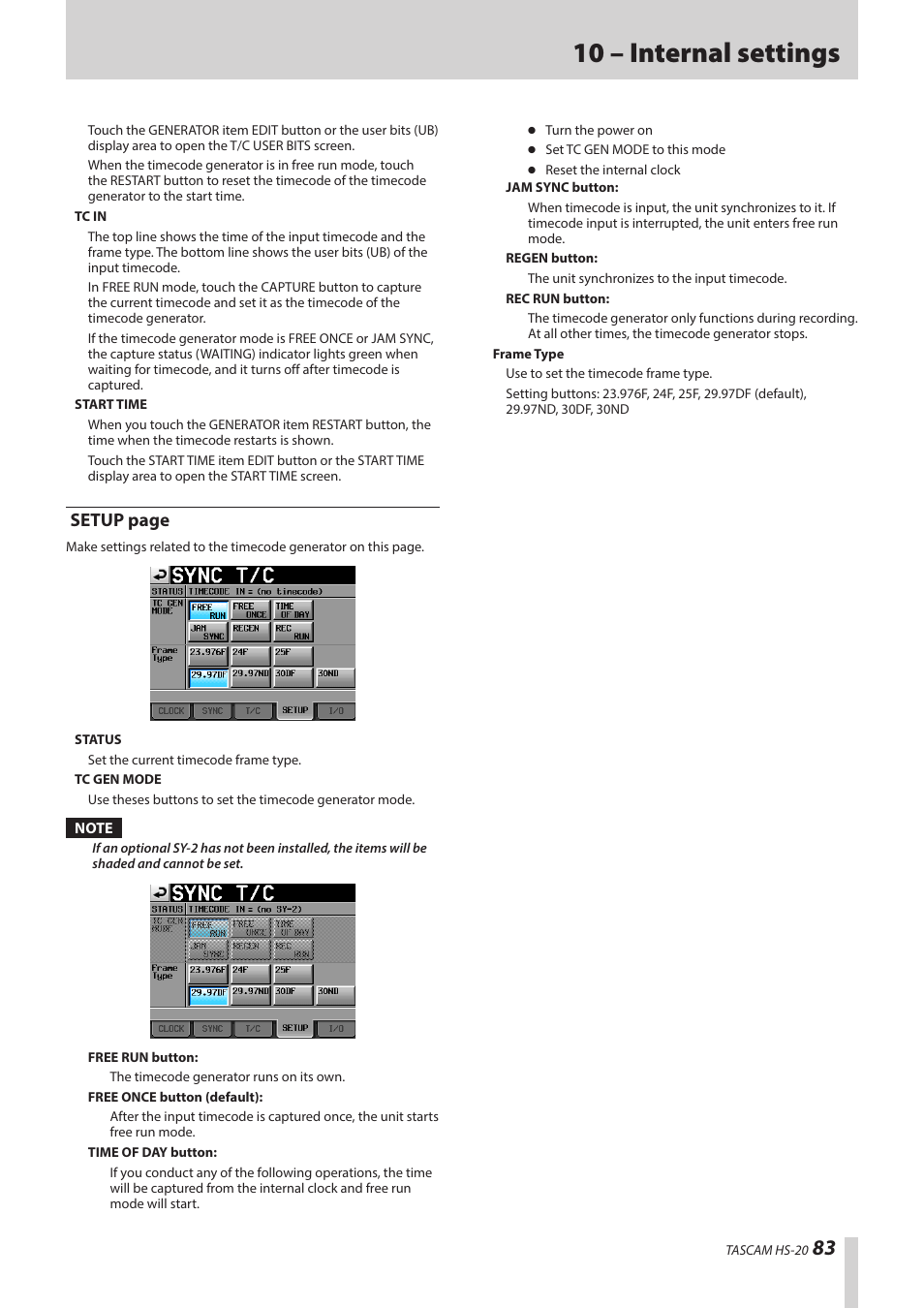 10 – internal settings, Setup page | Teac HS-20 User Manual | Page 83 / 128