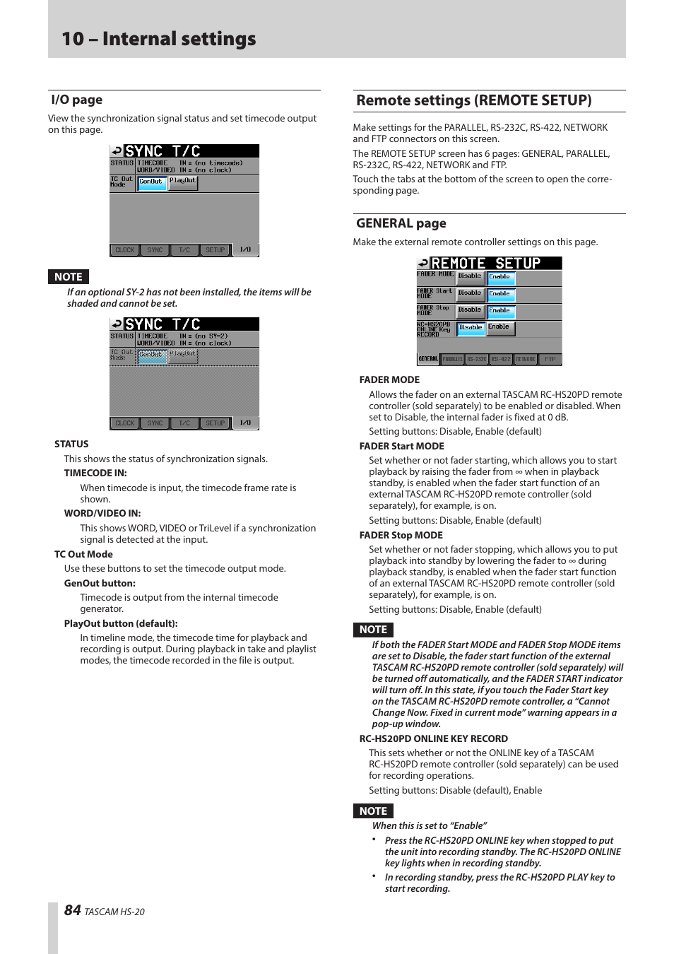 Remote settings (remote setup), 10 – internal settings, I/o page | General page | Teac HS-20 User Manual | Page 84 / 128
