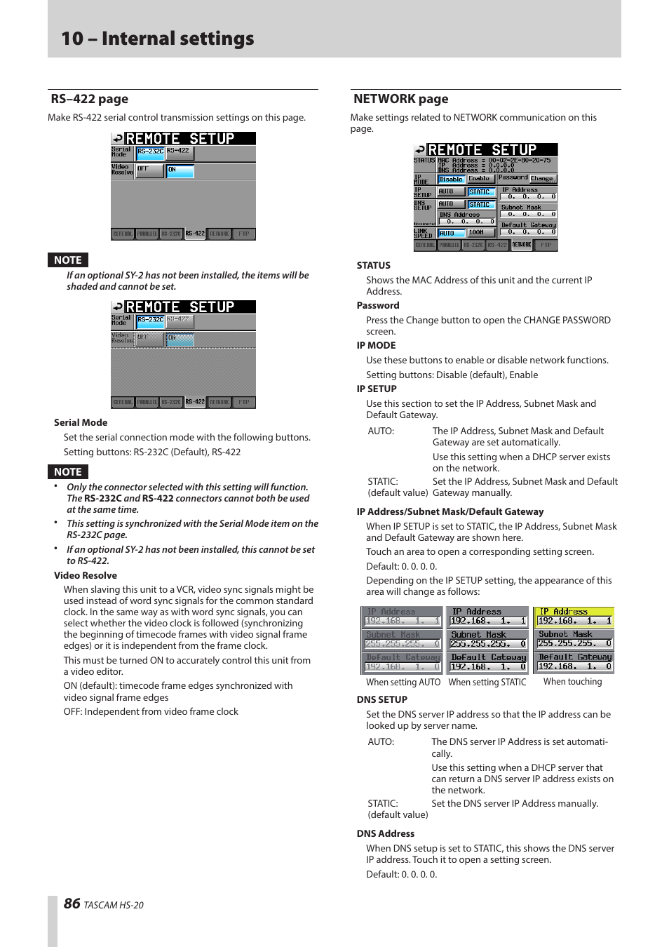 10 – internal settings, Rs–422 page, Network page | Teac HS-20 User Manual | Page 86 / 128