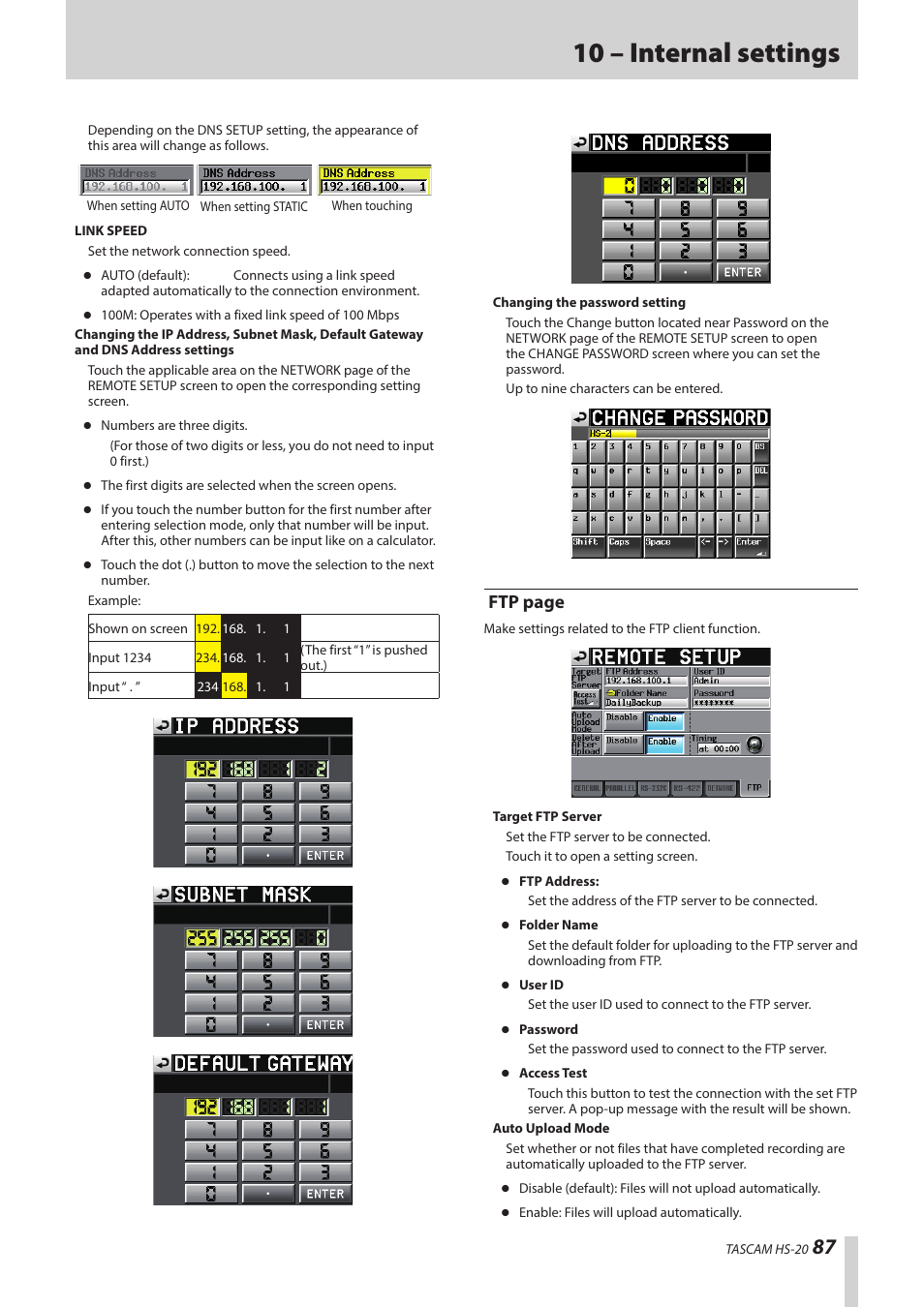 10 – internal settings, Ftp page | Teac HS-20 User Manual | Page 87 / 128