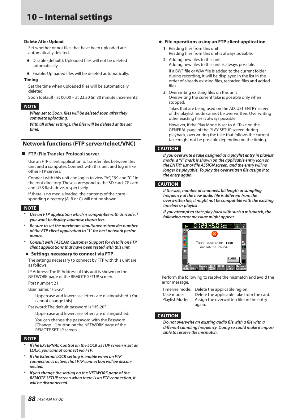 Network functions (ftp server/telnet/vnc), 10 – internal settings | Teac HS-20 User Manual | Page 88 / 128