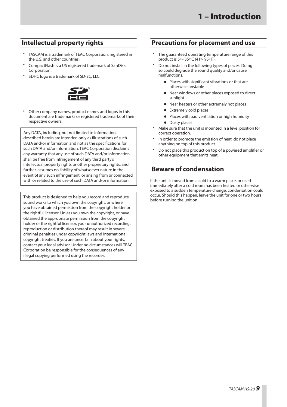 Intellectual property rights, Precautions for placement and use, Beware of condensation | 1 – introduction | Teac HS-20 User Manual | Page 9 / 128