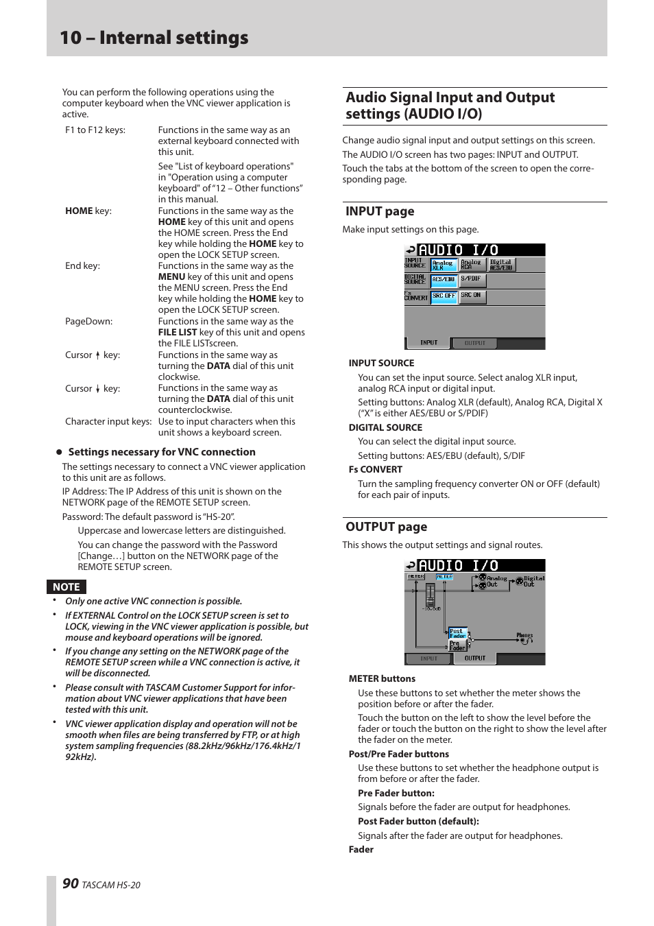 Audio signal input and output settings (audio i/o), Audio signal input and output settings, Audio i/o) | 10 – internal settings, Input page, Output page | Teac HS-20 User Manual | Page 90 / 128
