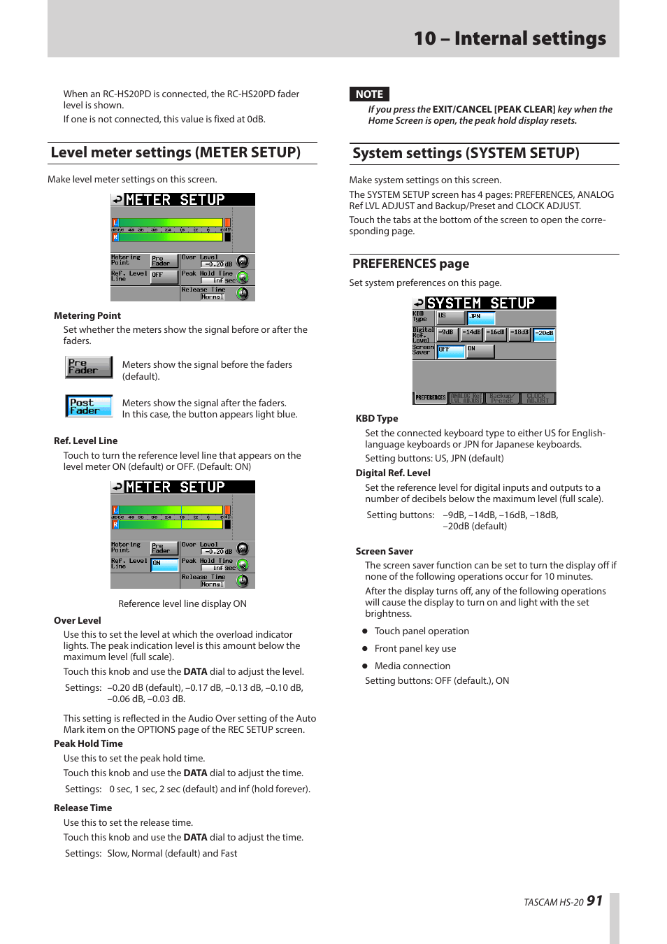 Level meter settings (meter setup), System settings (system setup), Ee “prefer | 10 – internal settings, Preferences page | Teac HS-20 User Manual | Page 91 / 128