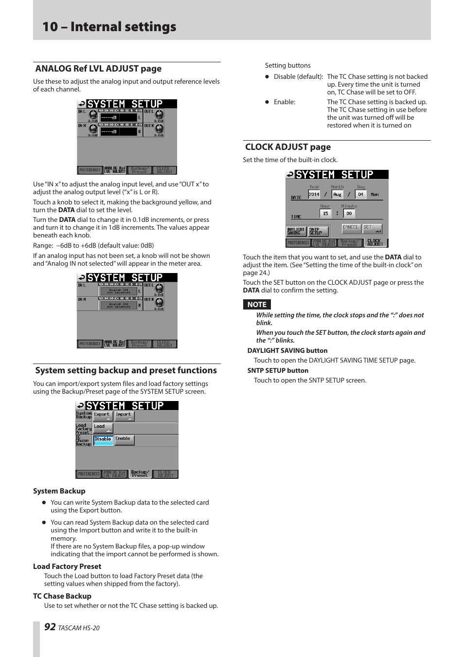 System setting backup and preset functions, 10 – internal settings, Analog ref lvl adjust page | Clock adjust page | Teac HS-20 User Manual | Page 92 / 128