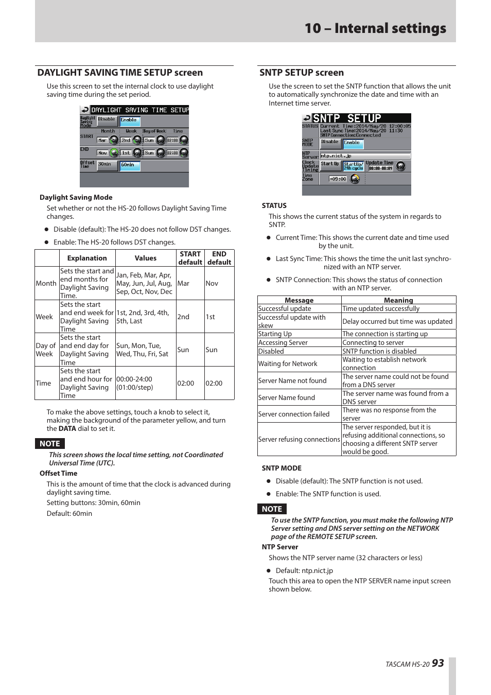 Daylight saving time setup screen, Sntp setup screen, 10 – internal settings | Teac HS-20 User Manual | Page 93 / 128