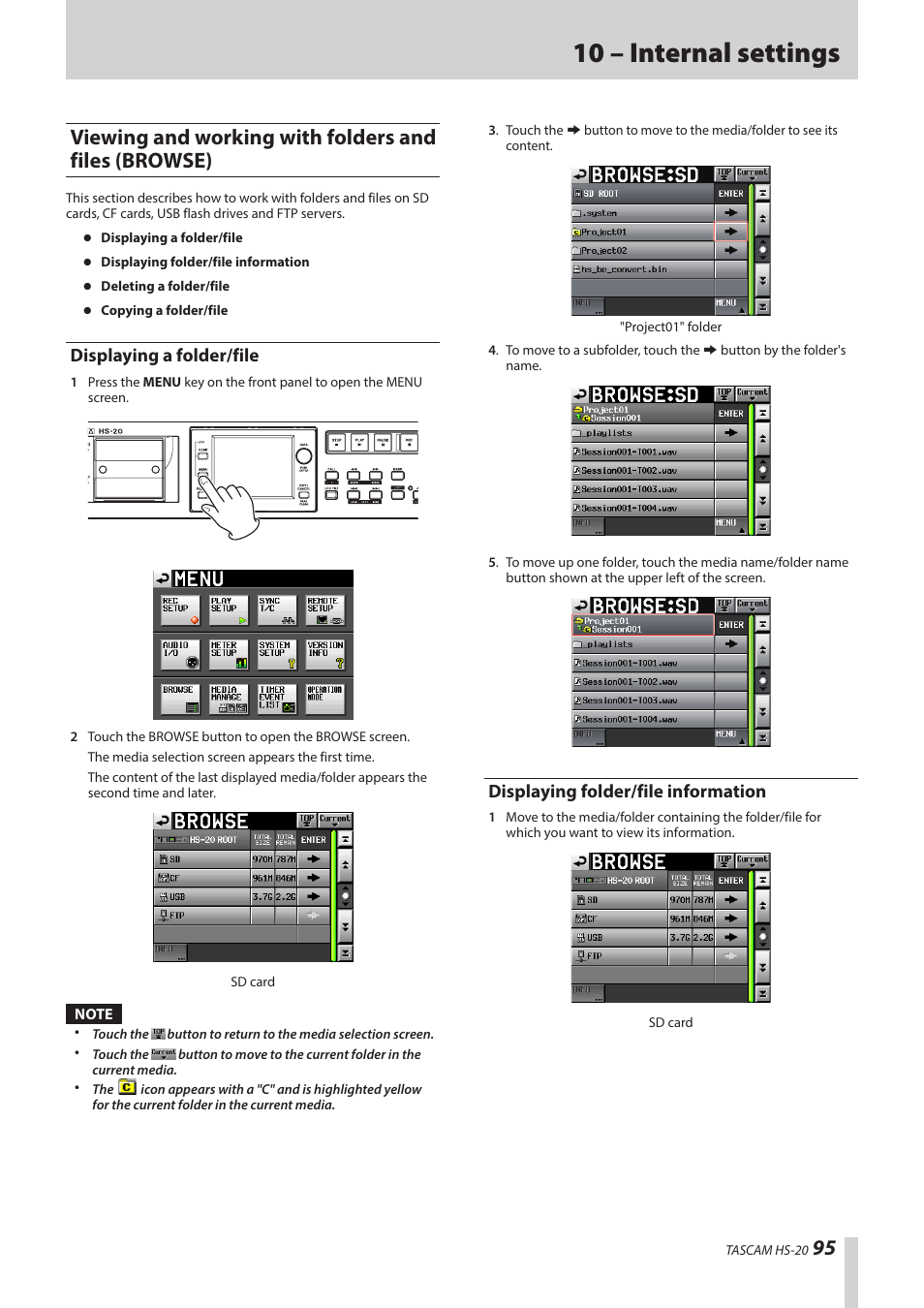 Displaying a folder/file, Displaying folder/file information, Viewing and working with folders and files | Browse), 10 – internal settings | Teac HS-20 User Manual | Page 95 / 128