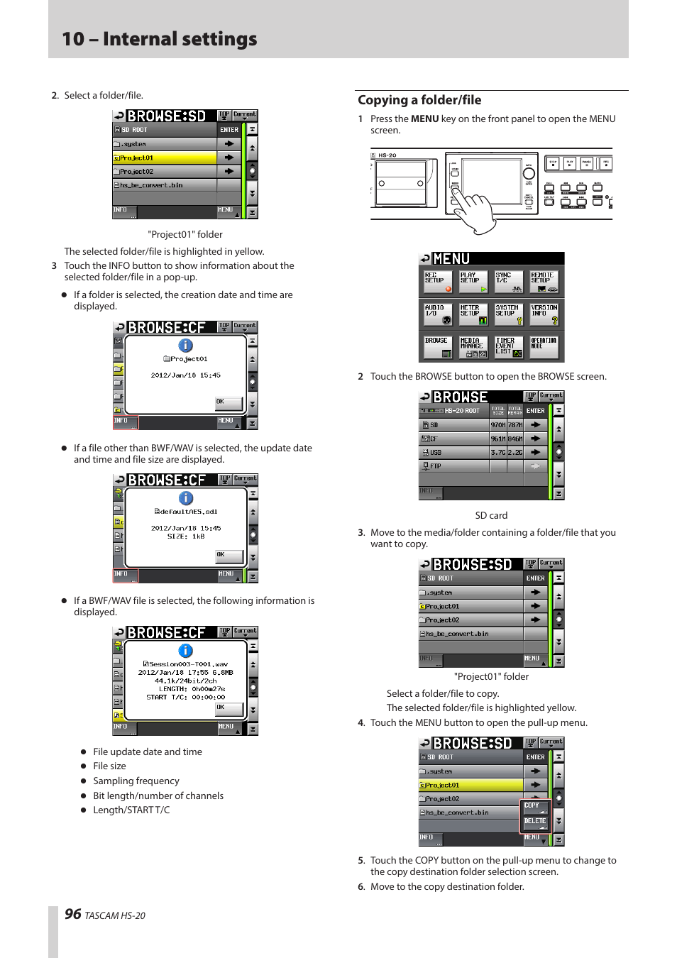 Copying a folder/file, 10 – internal settings | Teac HS-20 User Manual | Page 96 / 128