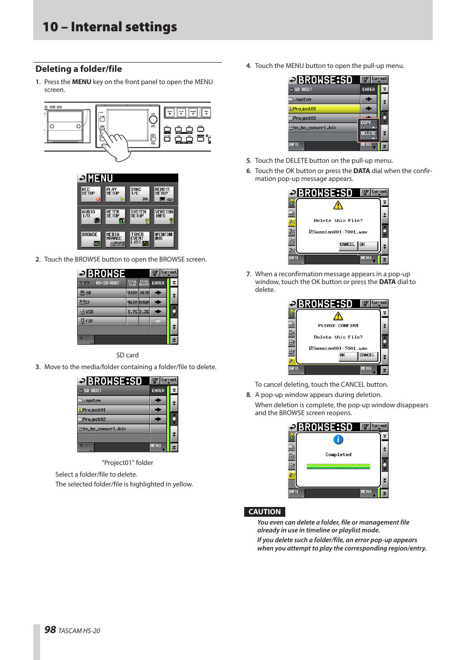 Deleting a folder/file, 10 – internal settings | Teac HS-20 User Manual | Page 98 / 128