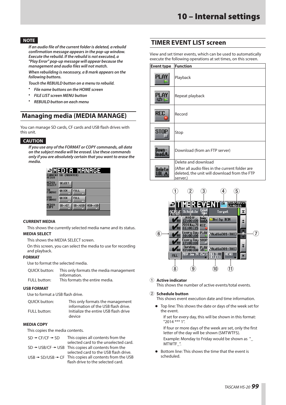 Managing media (media manage), Timer event list screen, 10 – internal settings | Teac HS-20 User Manual | Page 99 / 128