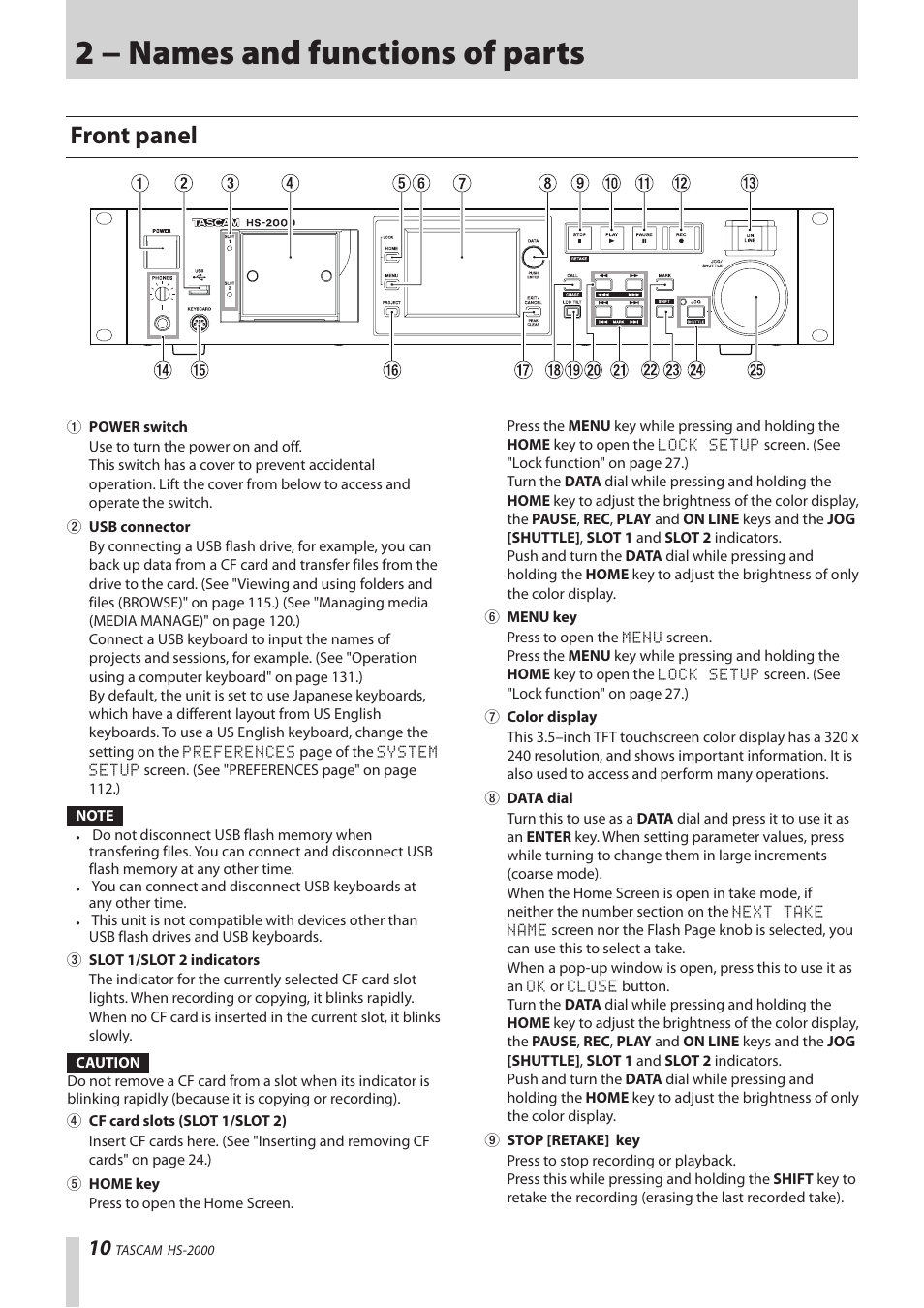 2 − names and functions of parts, Front panel | Teac HS-2000 User Manual | Page 10 / 156