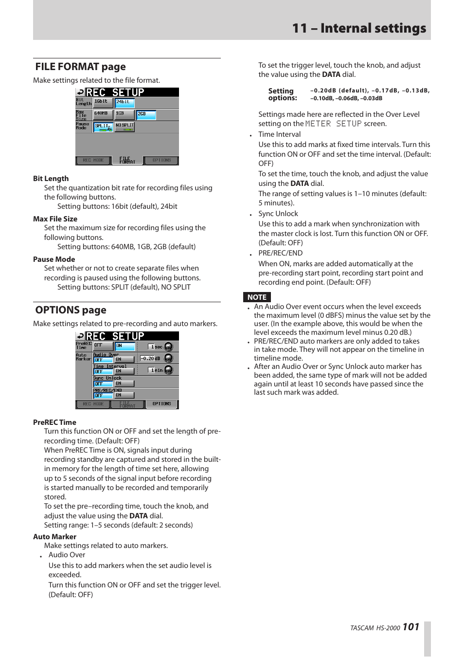 11 – internal settings, File format page, Options page | Teac HS-2000 User Manual | Page 101 / 156