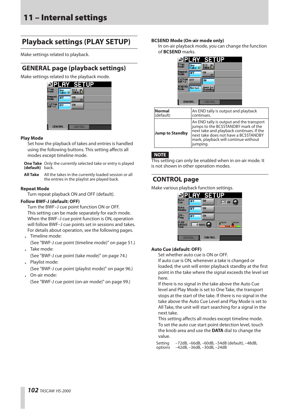 Playback settings (play setup), 11 – internal settings, General page (playback settings) | Control page | Teac HS-2000 User Manual | Page 102 / 156