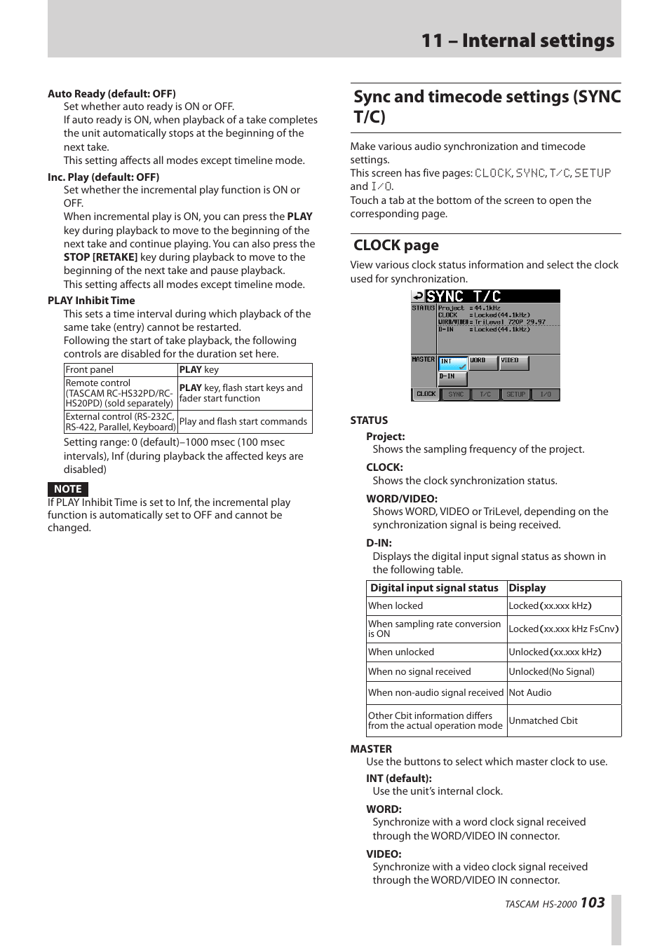 Sync and timecode settings (sync t/c), 11 – internal settings, Clock page | Teac HS-2000 User Manual | Page 103 / 156