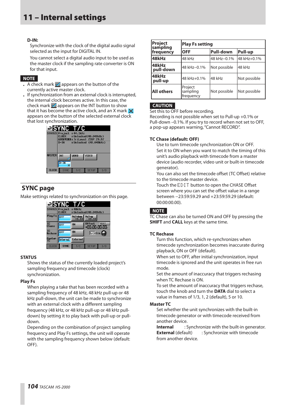 11 – internal settings, Sync page | Teac HS-2000 User Manual | Page 104 / 156