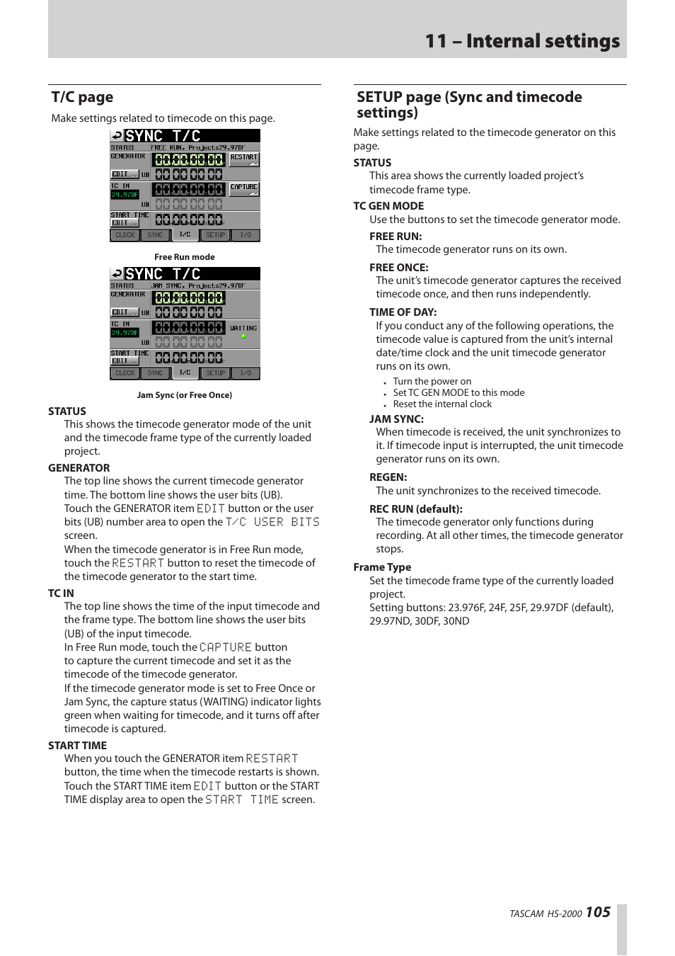 11 – internal settings, T/c page, Setup page (sync and timecode settings) | Teac HS-2000 User Manual | Page 105 / 156
