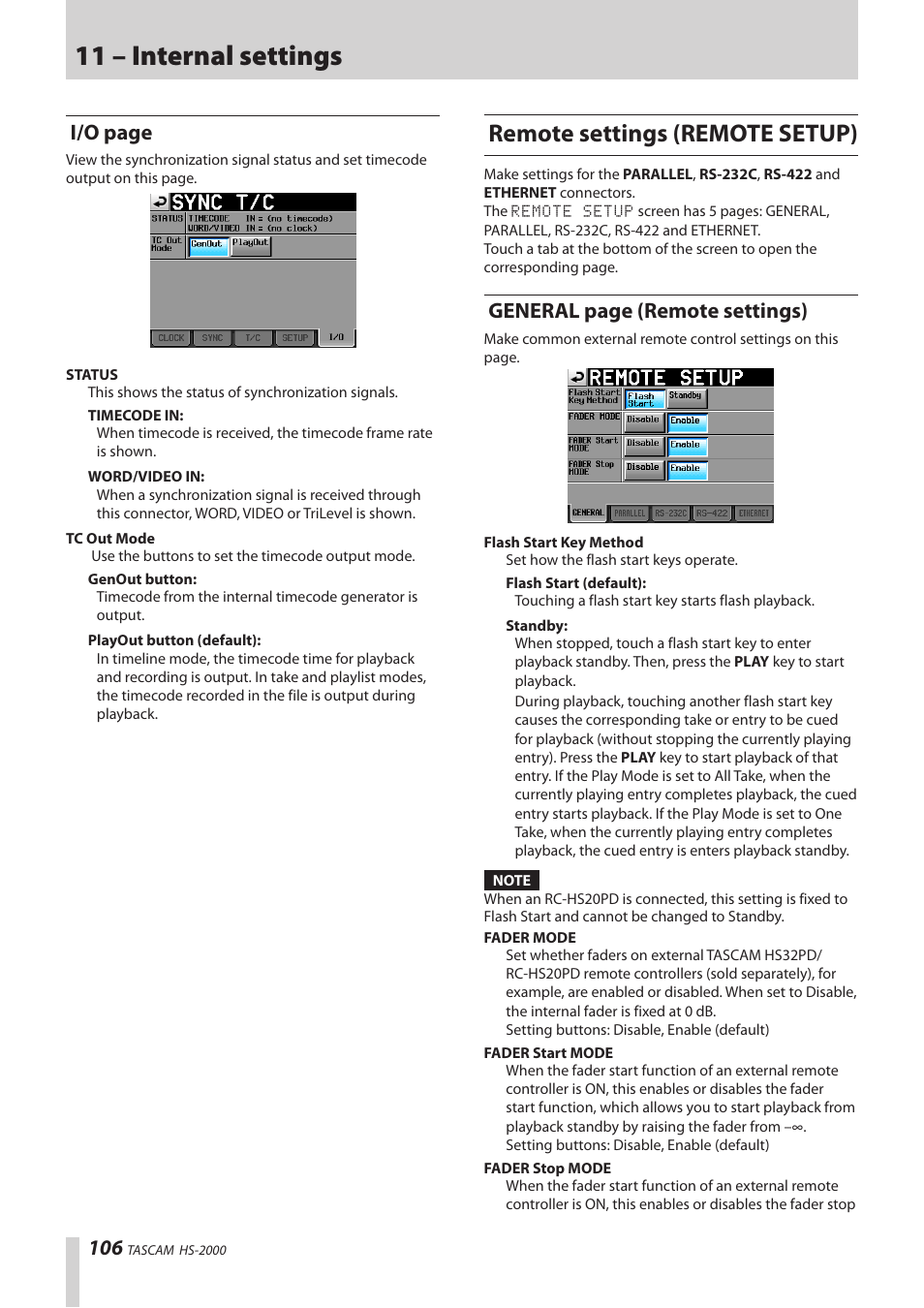 Remote settings (remote setup), 11 – internal settings, I/o page | General page (remote settings) | Teac HS-2000 User Manual | Page 106 / 156