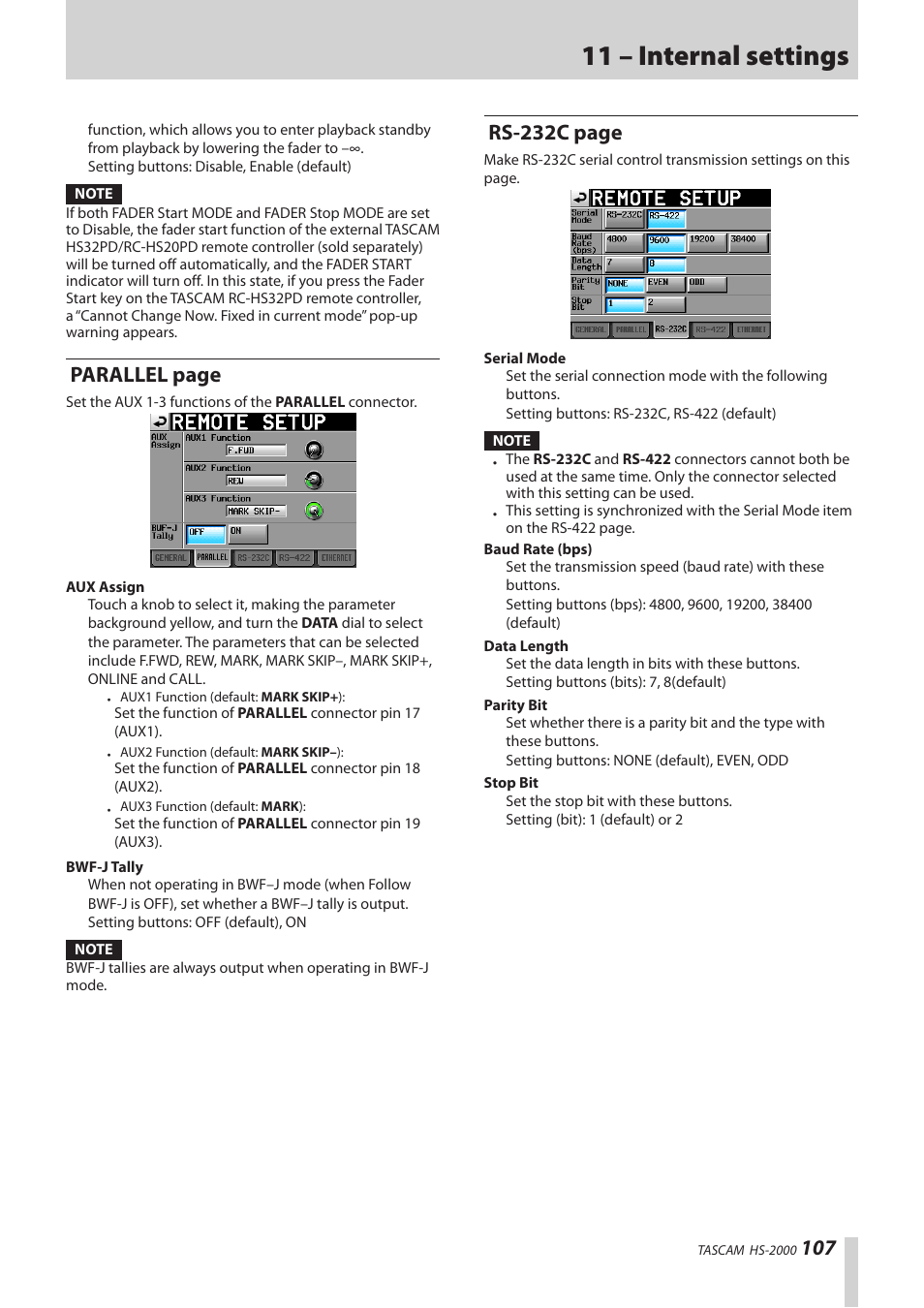 11 – internal settings, Parallel page, Rs-232c page | Teac HS-2000 User Manual | Page 107 / 156