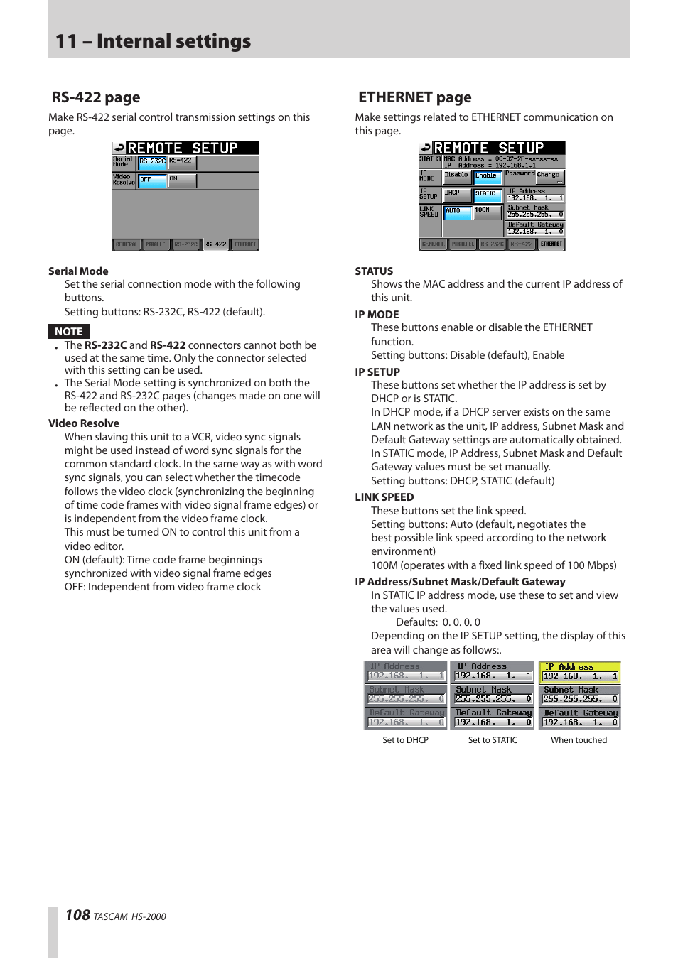 11 – internal settings, Rs-422 page, Ethernet page | Teac HS-2000 User Manual | Page 108 / 156