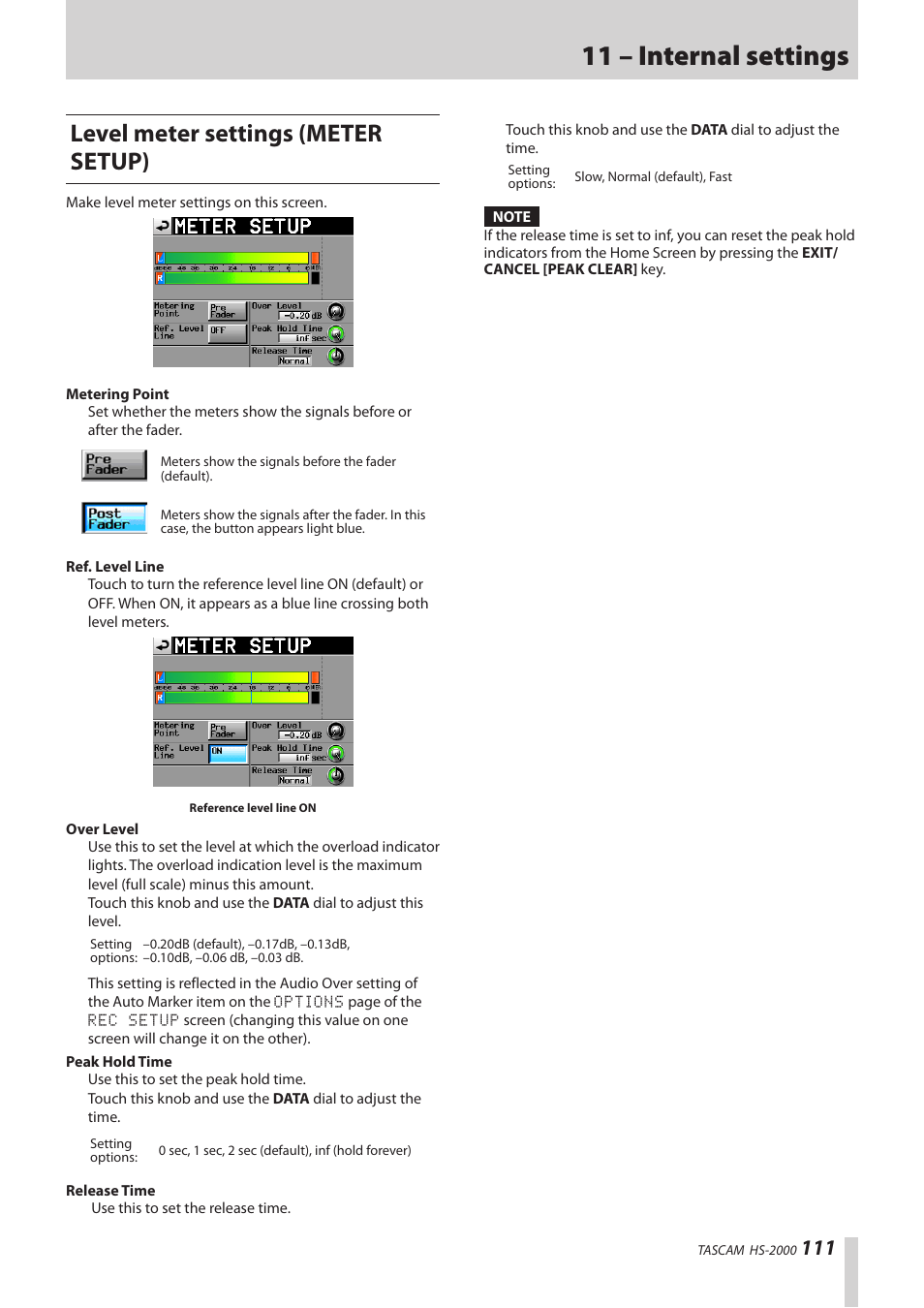 Level meter settings (meter setup), 11 – internal settings | Teac HS-2000 User Manual | Page 111 / 156