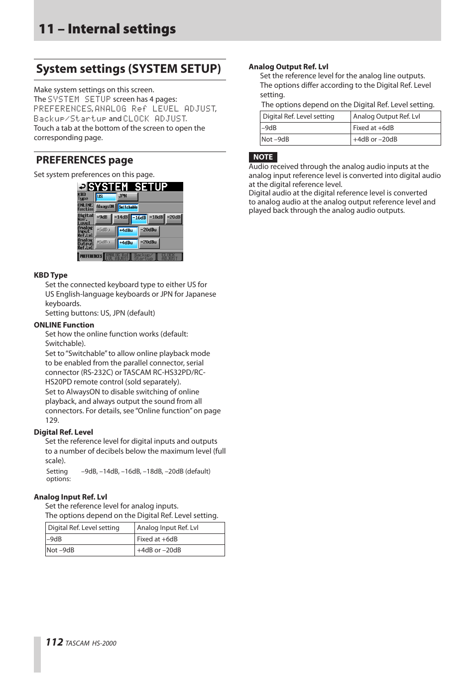 System settings (system setup), 11 – internal settings, Preferences page | Teac HS-2000 User Manual | Page 112 / 156