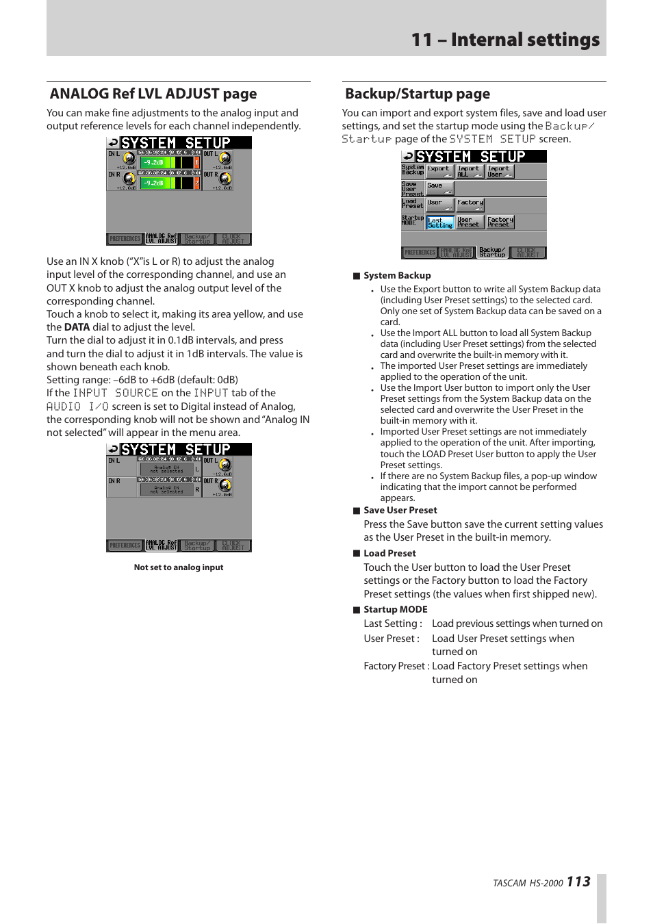 11 – internal settings, Analog ref lvl adjust page, Backup/startup page | Teac HS-2000 User Manual | Page 113 / 156