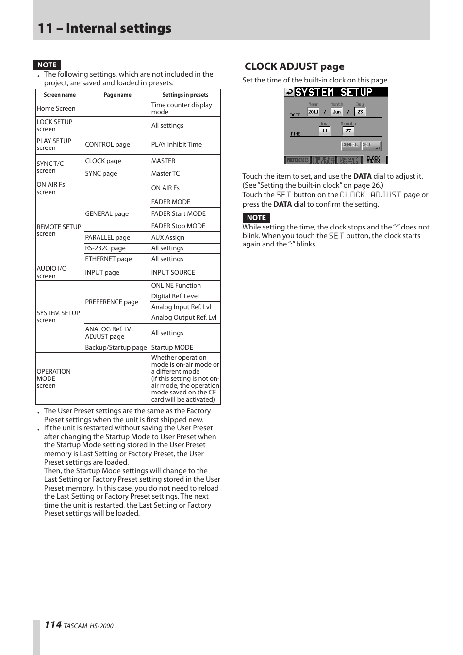 11 – internal settings, Clock adjust page | Teac HS-2000 User Manual | Page 114 / 156