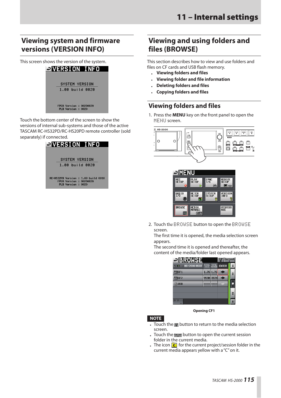 Viewing and using folders and files (browse), Viewing folders and files, Viewing system and firmware versions (version | Info), 11 – internal settings | Teac HS-2000 User Manual | Page 115 / 156