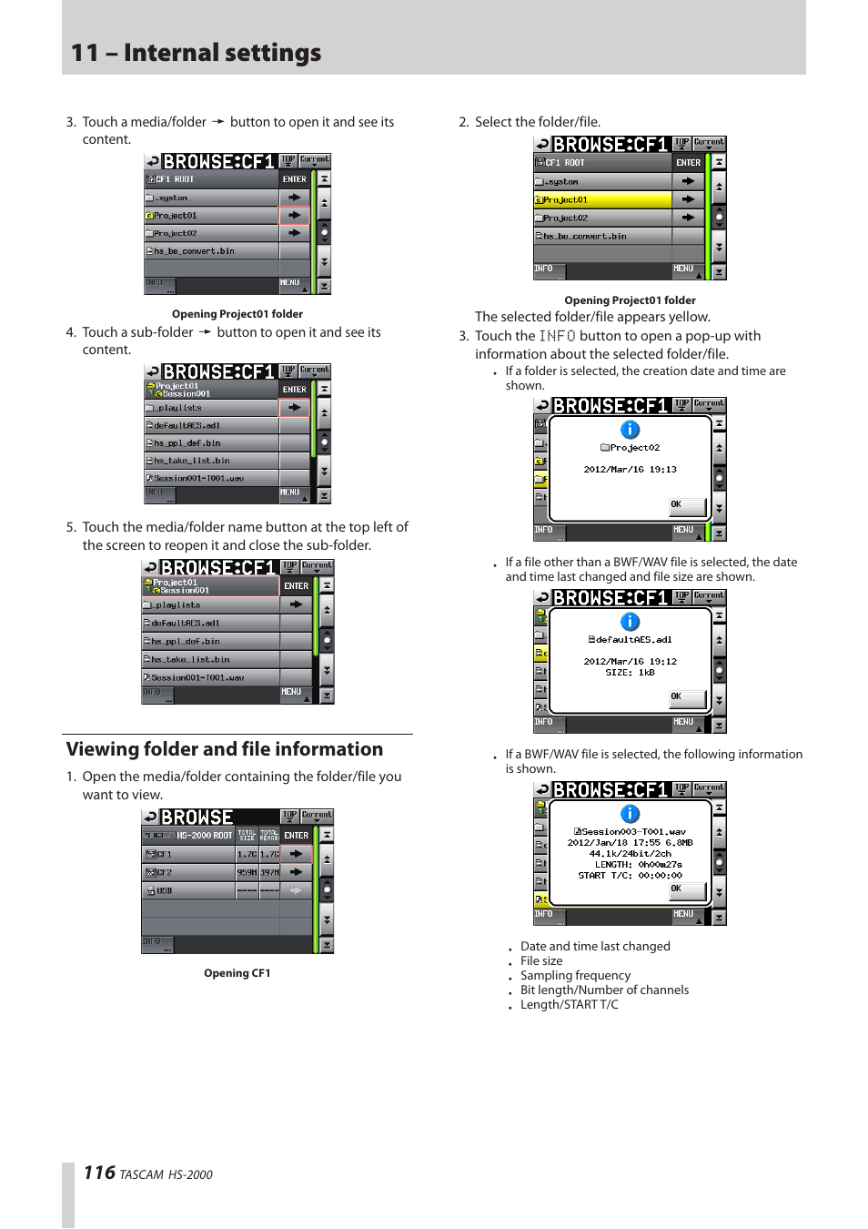 Viewing folder and file information, 11 – internal settings | Teac HS-2000 User Manual | Page 116 / 156