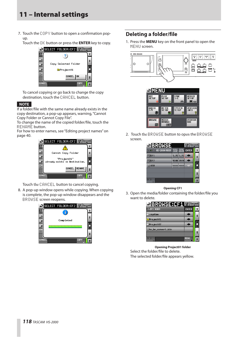 Deleting a folder/file, 11 – internal settings | Teac HS-2000 User Manual | Page 118 / 156