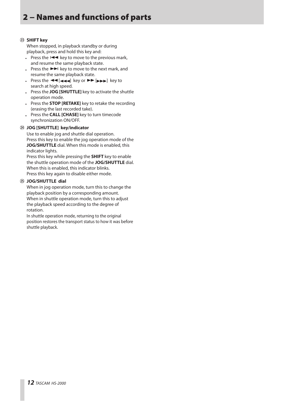 2 − names and functions of parts | Teac HS-2000 User Manual | Page 12 / 156