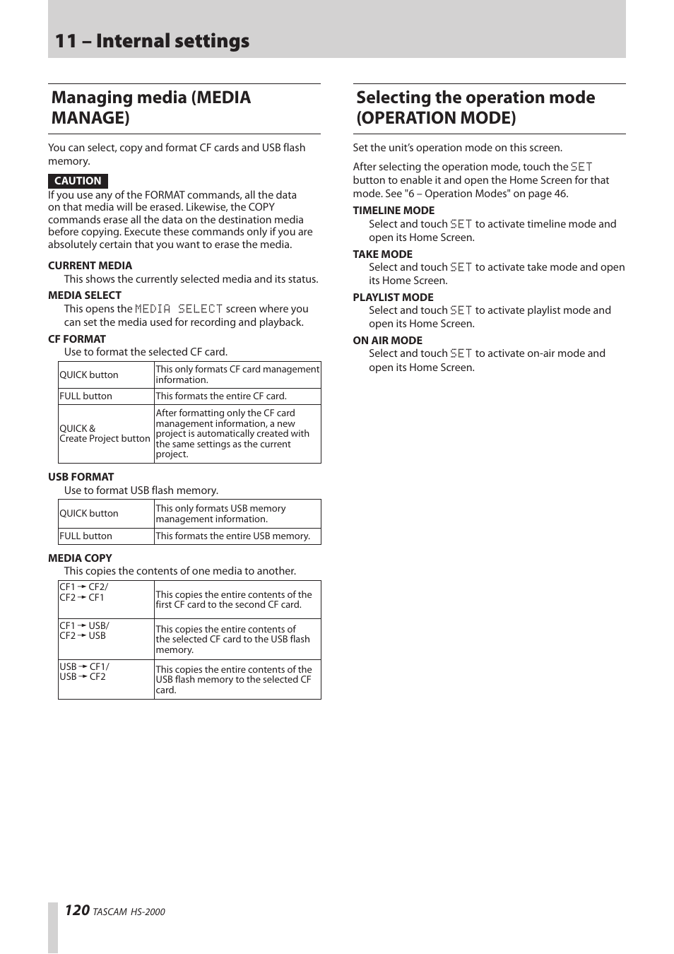 Managing media (media manage), Selecting the operation mode (operation mode), 11 – internal settings | Teac HS-2000 User Manual | Page 120 / 156