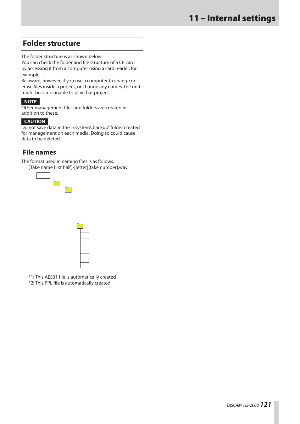 Folder structure, File names, 11 – internal settings | Teac HS-2000 User Manual | Page 121 / 156