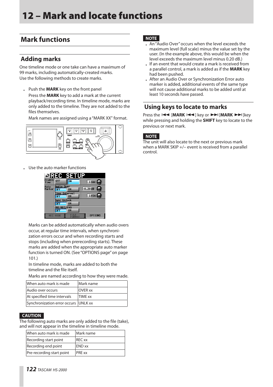 12 – mark and locate functions, Mark functions, Adding marks | Using keys to locate to marks | Teac HS-2000 User Manual | Page 122 / 156