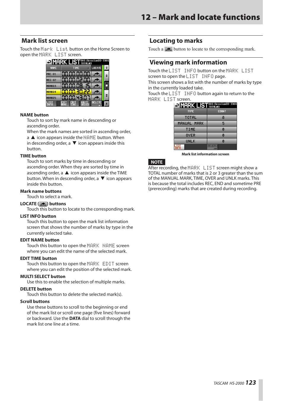 Mark list screen, Locating to marks, Viewing mark information | 12 – mark and locate functions | Teac HS-2000 User Manual | Page 123 / 156