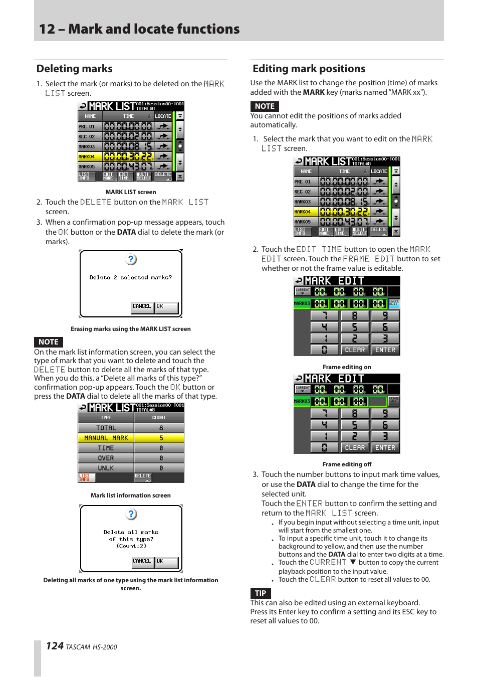 Deleting marks, Editing mark positions, 12 – mark and locate functions | Teac HS-2000 User Manual | Page 124 / 156