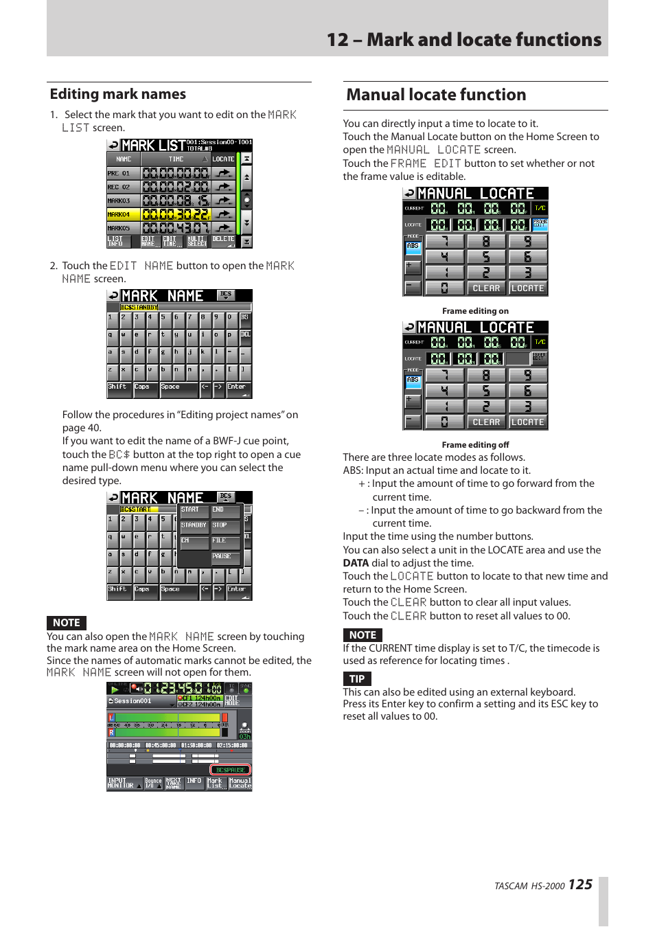 Editing mark names, Manual locate function, 12 – mark and locate functions | Teac HS-2000 User Manual | Page 125 / 156