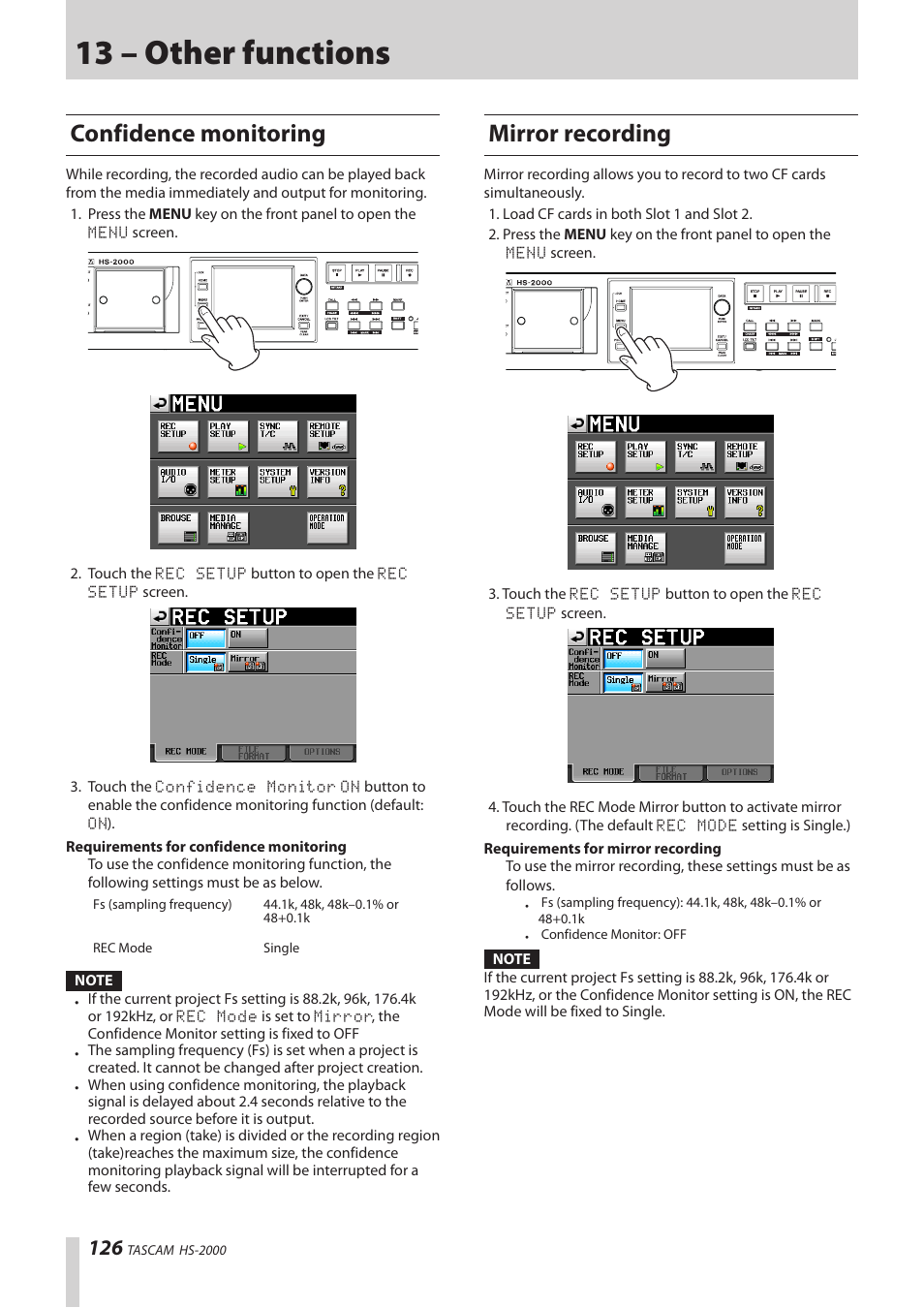 13 – other functions, Confidence monitoring, Mirror recording | Teac HS-2000 User Manual | Page 126 / 156