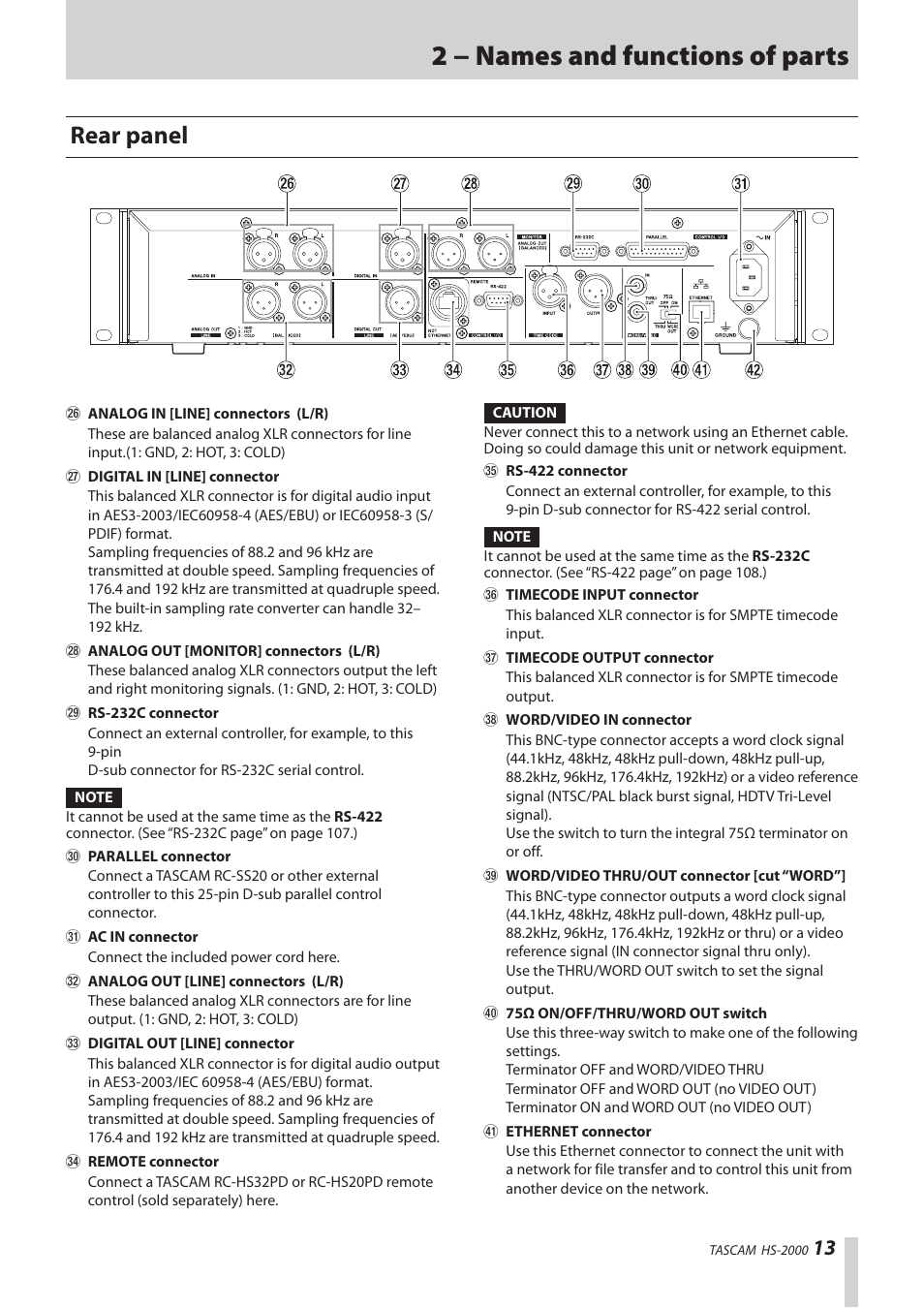 Rear panel, 2 − names and functions of parts | Teac HS-2000 User Manual | Page 13 / 156