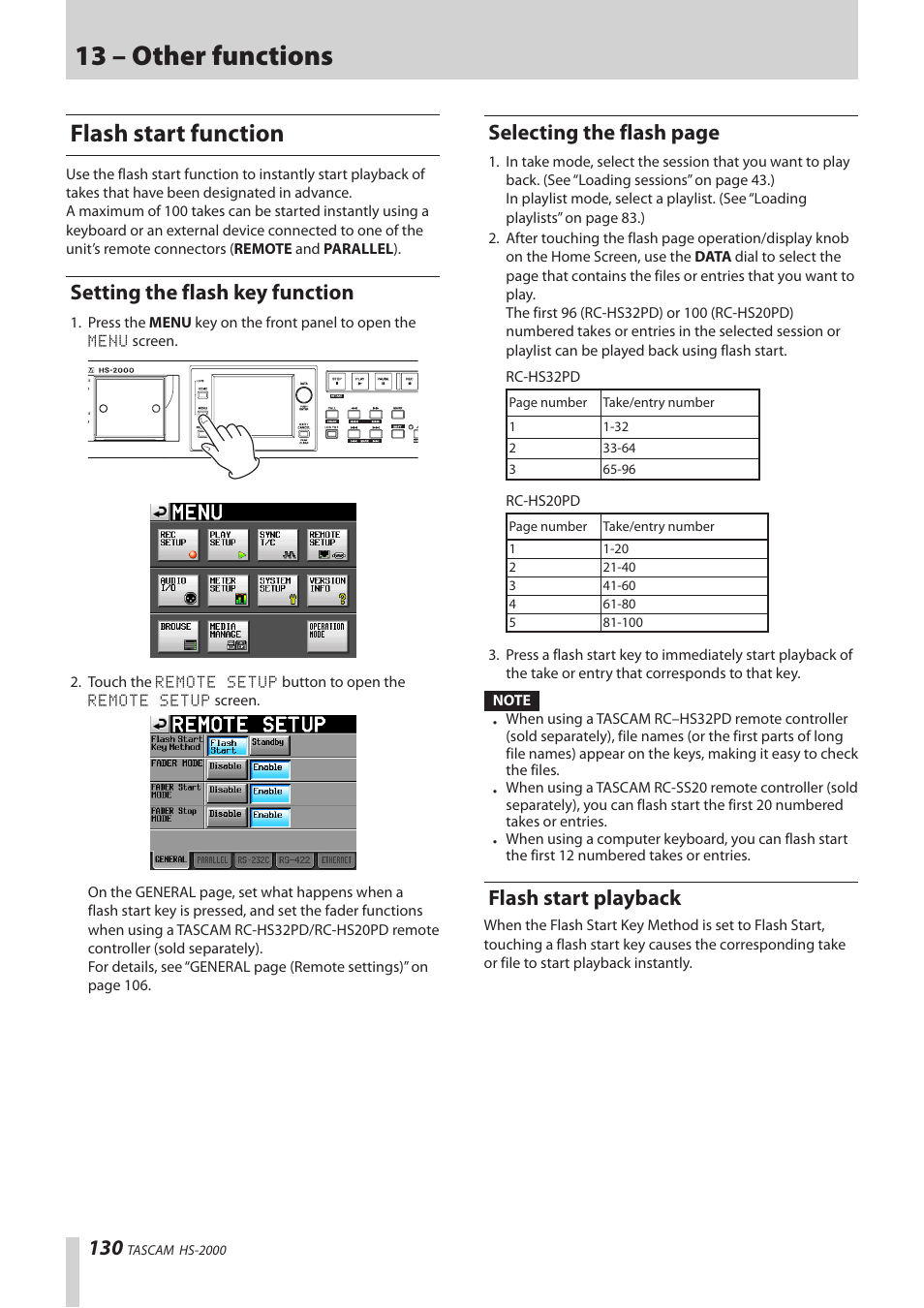 Flash start function, Setting the flash key function, Flash start playback | 13 – other functions, Flash start fu nction, Selecting the flash page | Teac HS-2000 User Manual | Page 130 / 156