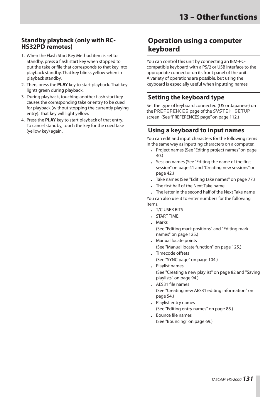 Standby playback (only with rc-hs32pd remotes), Operation using a computer keyboard, Setting the keyboard type | Using a keyboard to input names, Standby playback (only with rc-hs32pd, Remotes), 13 – other functions, Standby playback (only with rc- hs32pd remotes) | Teac HS-2000 User Manual | Page 131 / 156