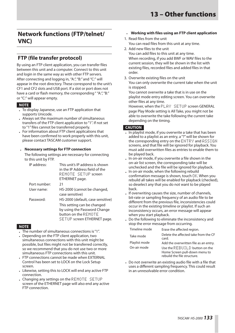 Network functions (ftp/telnet/vnc), Ftp (file transfer protocol), 13 – other functions | Network functions (ftp/telnet/ vnc) | Teac HS-2000 User Manual | Page 133 / 156