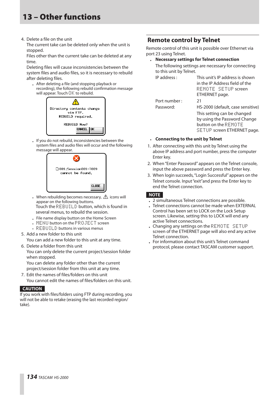 Remote control by telnet, 13 – other functions | Teac HS-2000 User Manual | Page 134 / 156