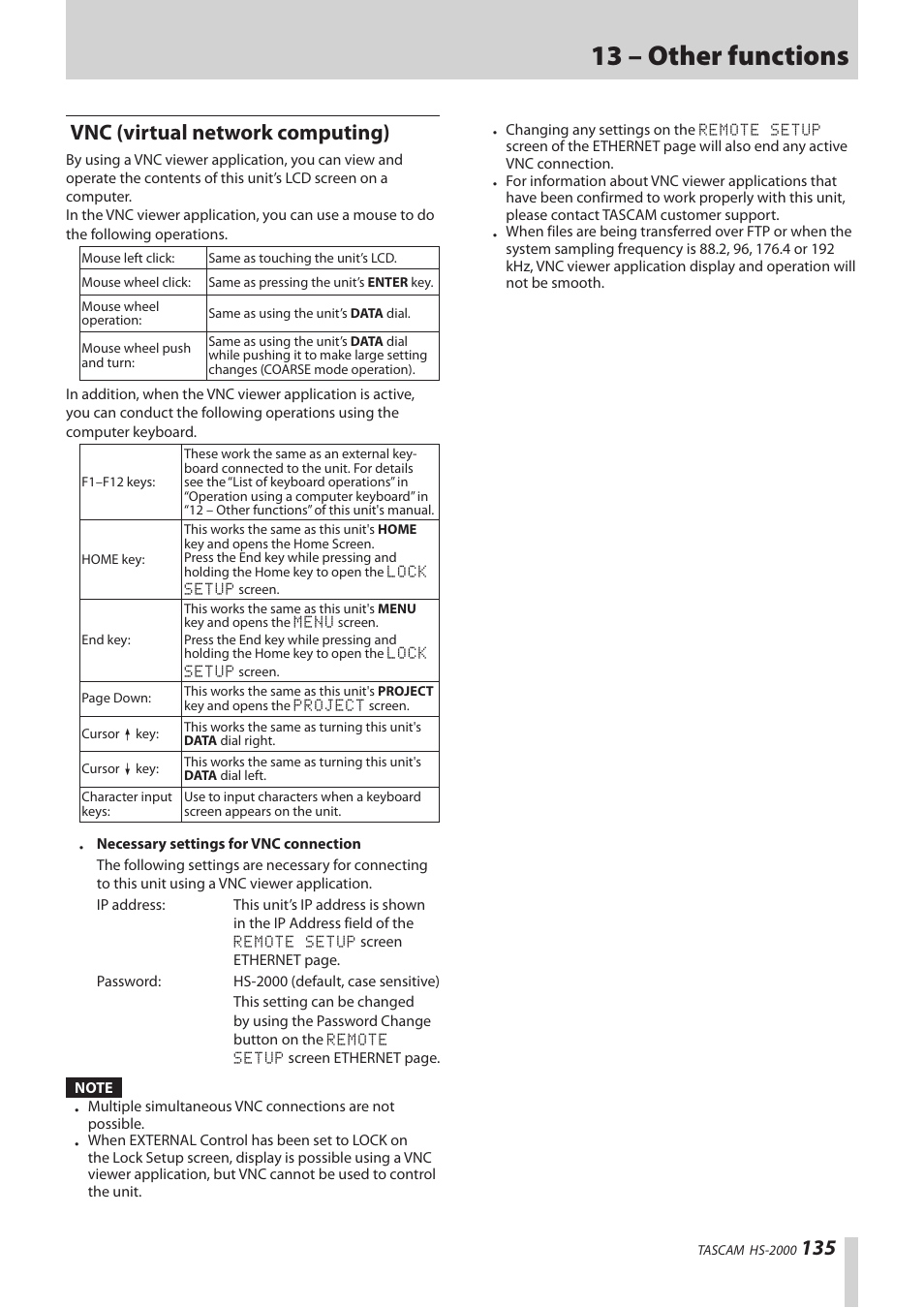 Vnc (virtual network computing), 13 – other functions | Teac HS-2000 User Manual | Page 135 / 156