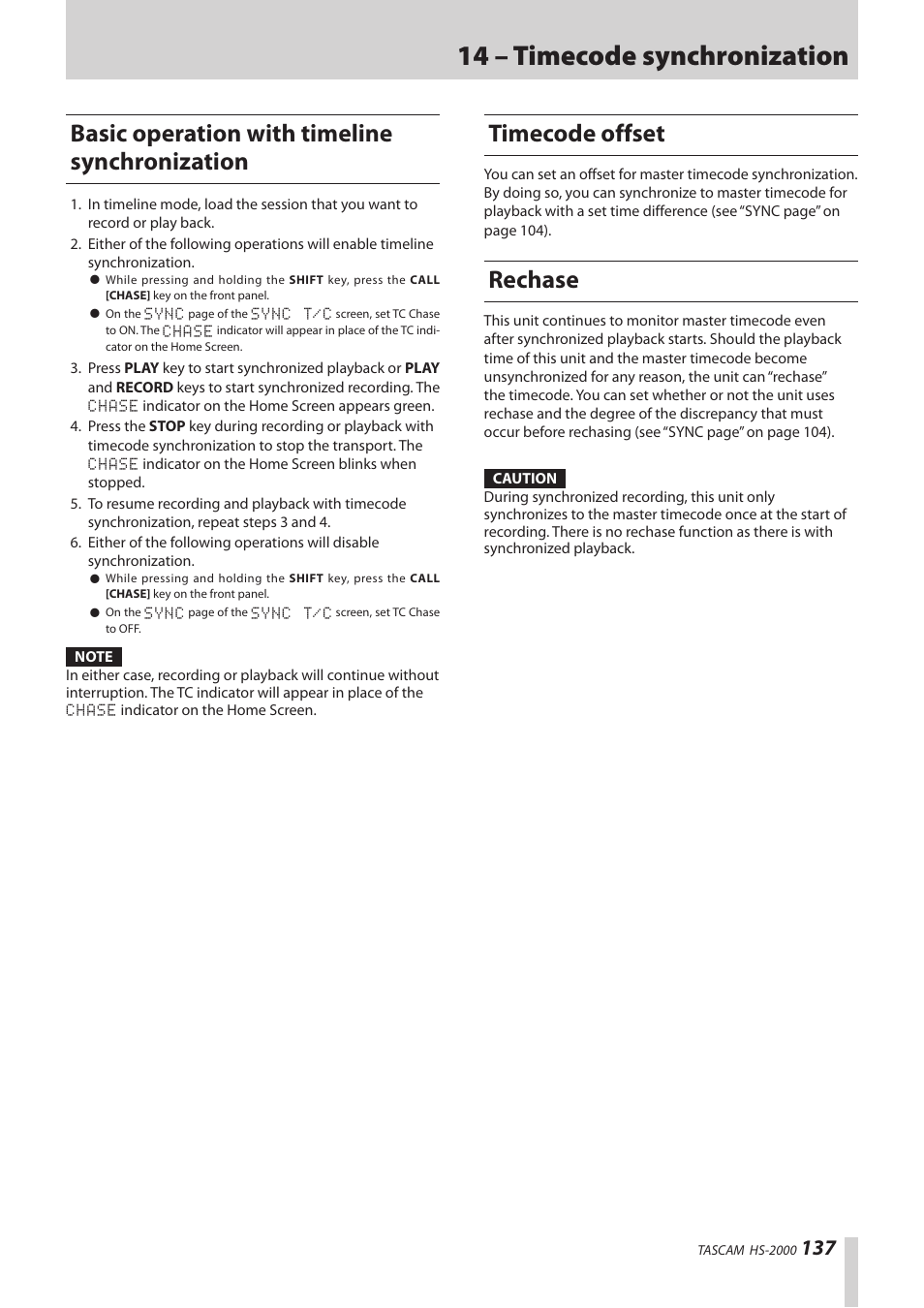 Basic operation with timeline synchronization, Timecode offset, Rechase | 14 – timecode synchronization | Teac HS-2000 User Manual | Page 137 / 156