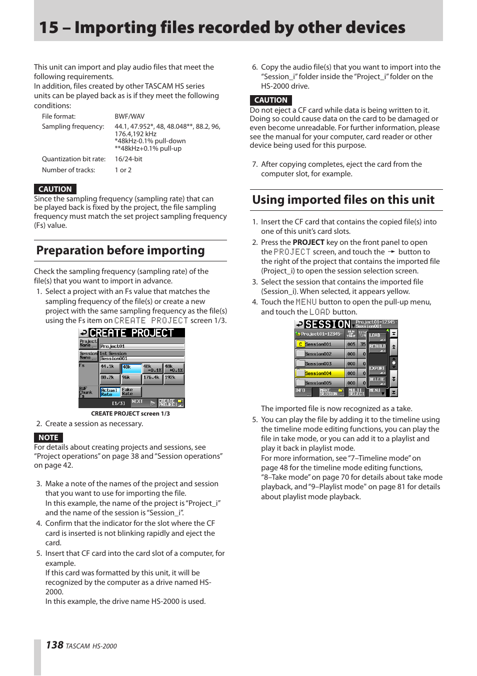 15 – importing files recorded by other devices, Preparation before importing, Using imported files on this unit | 15 – importing files recorded by other devic | Teac HS-2000 User Manual | Page 138 / 156